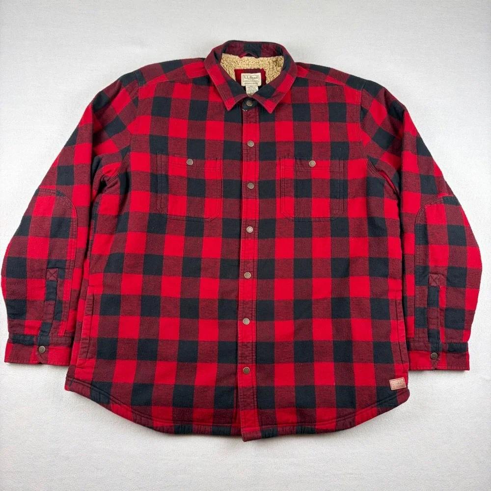 LL Bean Sherpa Lined Scotch Plaid Flannel Shirt Jacket Mens XL Red Buffalo Snap